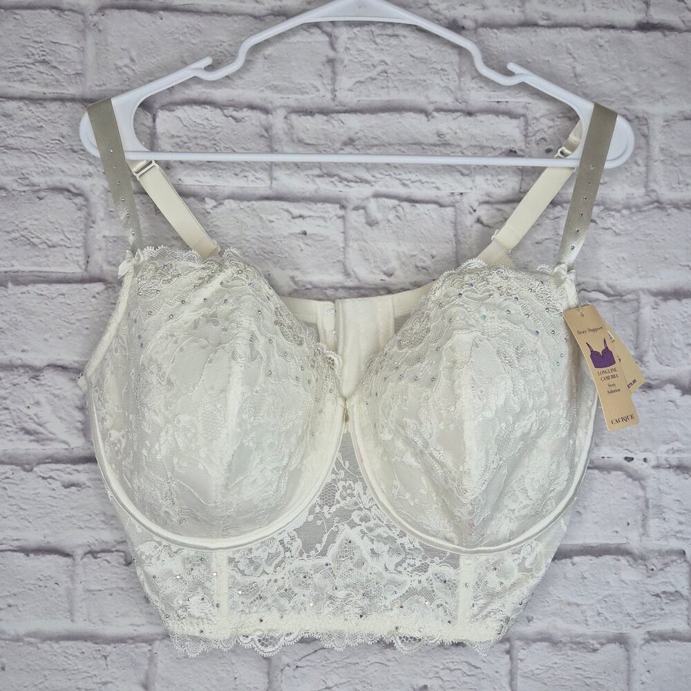 NWT Cacique Lane Bryant Ivory Lace Longline Cami Bra Rhinestone Corset Top 42F